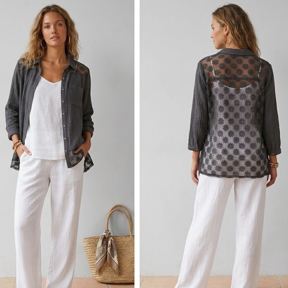 Black Swan Silk‎ Cotton Floral Lace Embroidered Top Crinkle Sleeve Gray Overlay
